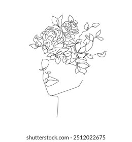 Continuous One Line Drawing of Woman Face and Flowers, Fashion Minimalist Concept, Woman Beauty Drawing, Vector Illustration. Good for Prints, T-shirt, Banners, Slogan Design Modern Graphics Style