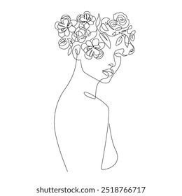 Continuous One Line Drawing of Woman Face and Flowers, Fashion Minimalist Concept, Woman Beauty Drawing, Vector Illustration. Good for Prints, T-shirt, Banners, Slogan Design Modern Graphics Style