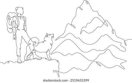 Continuous one line drawing woman with dog in nature. Tourist with backpack looks at high mountains. Traveler with dog on the way. Mountain landscape. One continuous line isolated minimal illustration