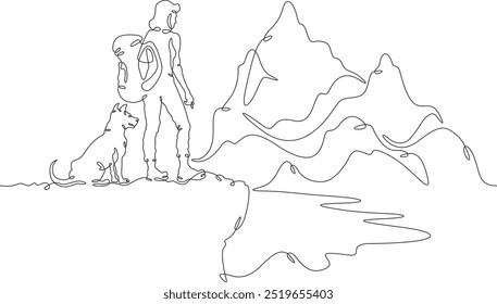 Continuous one line drawing woman with dog in nature. Tourist with backpack looks at high mountains. Traveler with dog on the way. Mountain landscape. One continuous line isolated minimal illustration