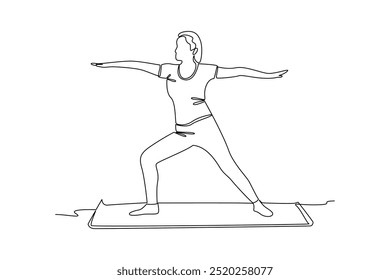 Continuous one line drawing of a woman practicing yoga on a mat