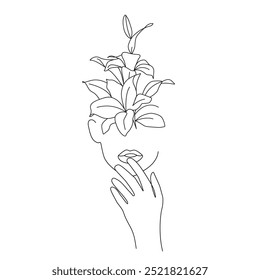 Desenho contínuo de uma linha de rosto e flores de mulher, conceito minimalista de moda, desenho de beleza de mulher, ilustração de vetor. Bom para impressões, camiseta, banners, Slogan Design Modern Graphics Style