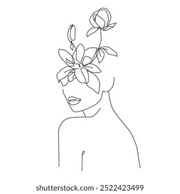Continuous One Line Drawing of Woman Face and Flowers, Fashion Minimalist Concept, Woman Beauty Drawing, Vector Illustration. Good for Prints, T-shirt, Banners, Slogan Design Modern Graphics Style