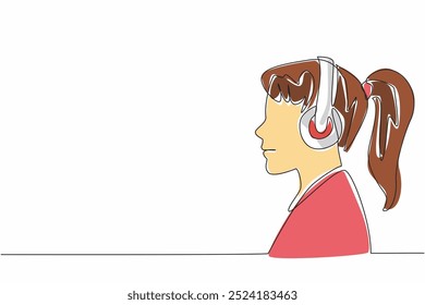 Mulher de desenho contínuo de uma linha usando fones de ouvido. Escutando com seriedade. Sério vai esquecer o problema pesado. Relaxe. Cura. Dia Mundial da Terapia Musical. Ilustração de vetor de design de desenho de linha única