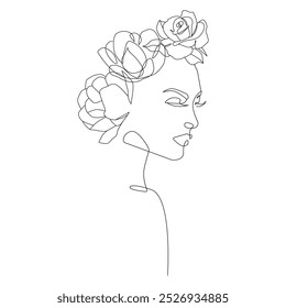 Desenho contínuo de uma linha de rosto e flores de mulher, conceito minimalista de moda, desenho de beleza de mulher, ilustração de vetor. Bom para impressões, camiseta, banners, Slogan Design Modern Graphics Style