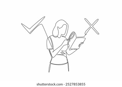 Continuous one line drawing a woman points a magnifier at a held tab. Reading gossip. Search for the truth. Fact or fake. International Fact-Checking Day. Single line draw design vector illustration