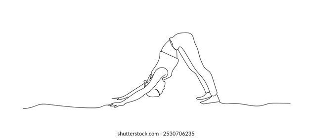 Continuous one line drawing.  Woman doing downward dog pose. Vector illustration. Concept of yoga, meditation, healthy body, and relaxation. Hand made vector not AI