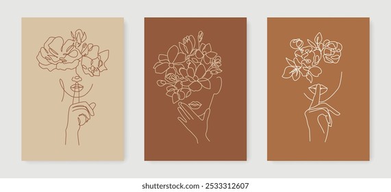 Continuous One Line Drawing of Woman Face and Flowers Set, Fashion Minimalist Concept, Woman Beauty Drawing, Vector Illustration. Good for Prints, T-shirt, Banners, Slogan Design Modern Graphics Style