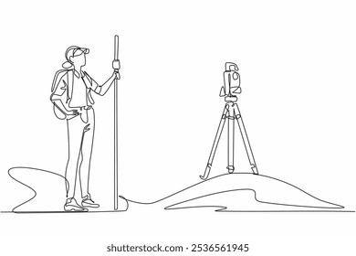 Continuous one line drawing a woman measures land using total station. The expert who is making the mapping. Measure angles automatically. Geologists Day. Single line draw design vector illustration