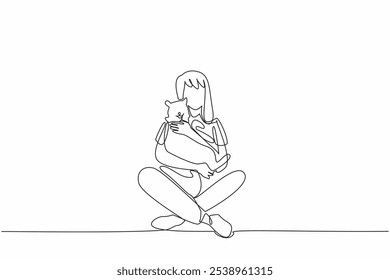 Uma linha contínua desenhando a mulher sentada de pernas cruzadas segurando um gato. Muito protetor de seu único animal de estimação. Ama muito o gato dela. Ligação. Dia Nacional do Animal de Estimação. Ilustração de vetor de design de desenho de linha única