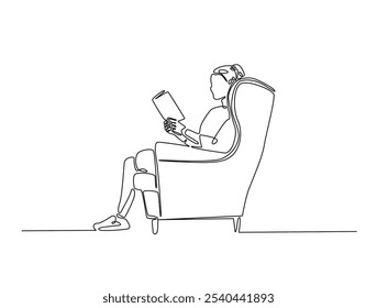 Continuous one line drawing of woman reading book in cozy armchair. Editable vector. 
