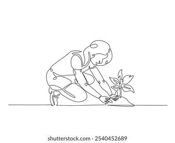 Continuous one line drawing of woman planting plant on the ground. Gardening single line draw vector illustration. Editable vector. 
