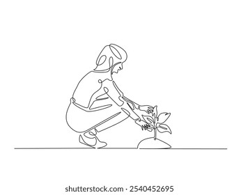 Dibujo continuo de una línea de mujer plantando una planta en el suelo. Jardinería de una sola línea de Ilustración vectorial de dibujo. Vector editable. 
