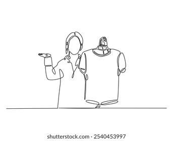 Continuous one line drawing of woman holding clothes on hangers. Shop assistant holding hangers with clothes single line draw vector illustration. Editable vector. 
