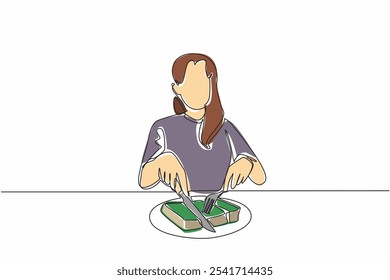 Dibujo continuo de una línea, una mujer corta un libro grueso con tenedor y cuchillo en varias piezas. Metáfora interesante. Leer libros gradualmente Día del Libro Comestible. Ilustración vectorial de diseño de dibujo de línea única