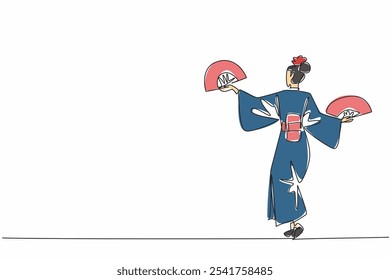 Uma linha contínua desenhando a mulher usar kimono segurar o ventilador de papel em ambas as mãos. Muito bom em coreografia. Convidando admiração de muitas pessoas. Dia da Dança do Fã. Ilustração de vetor de design de desenho de linha única