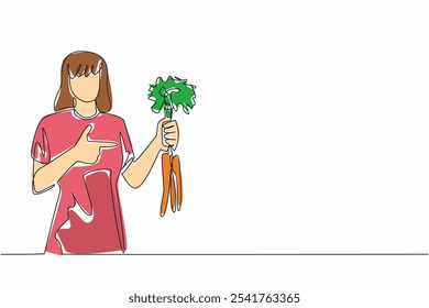 Continuous one line drawing woman holding some carrots with the tips of the leaves still thick. Source of vitamins and minerals. International Carrot Day. Single line draw design vector illustration