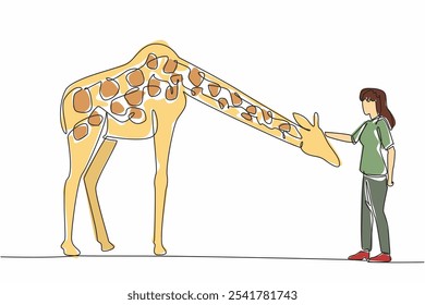 Uma linha contínua desenhando uma mulher com roupas casuais está acariciando uma girafa. Esfregando a cabeça para obedecer. Demonstrando afeto aos animais. Dia Nacional dos Amantes de Zoológicos. Ilustração de vetor de design de desenho de linha única