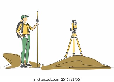 Continuous one line drawing a woman measures land using total station. The expert who is making the mapping. Measure angles automatically. Geologists Day. Single line draw design vector illustration