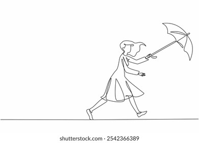 Continuous one line drawing a woman runs after a flying umbrella. The strong gusts of wind can blow anything away. Extreme weather. National Big Wind Day. Single line draw design vector illustration