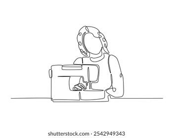 Continuous one line drawing of woman sews using sewing machine. The fashion designer work with sewing machine single line art vector illustration. Editable vector. 
