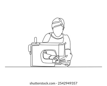 Continuous one line drawing of woman sews using sewing machine. The fashion designer work with sewing machine single line art vector illustration. Editable vector. 
