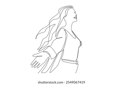 Continuous one line drawing of woman in freedom posture, single line art.