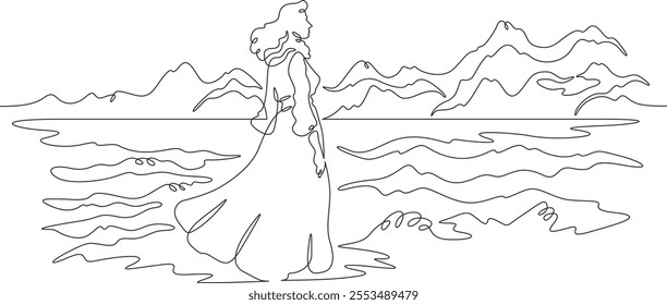 Continuous one line drawing woman standing on the seashore. Waiting by the sea. Sea landscape.One continuous line isolated minimal illustration.Not AI.