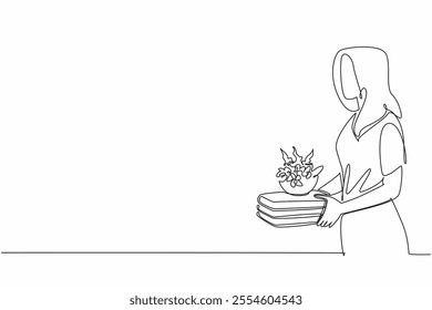 Continuous one line drawing woman in casual clothes carrying a pile of old books and herbalist bowl. Herbal concoction recipe. Healthy. Herbalist Day. Single line draw design vector illustration