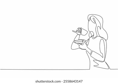 Continuous one line drawing a woman holding a transparent glass cup filled with tea and its saucer. Sipping tea with pleasure. Delicious. National Tea Day. Single line draw design vector illustration