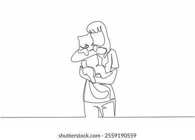 Continuous one line drawing woman hugging and carrying her cat. Relieves fatigue. Play with the favorite cat. Adorable cat behavior. National Cat Lady Day. Single line draw design vector illustration