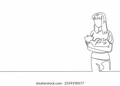 Continuous one line drawing a woman holding a cat with both hands. Pet gently. Cradling with affection. Show affection to pets. Cute. National Cat Lady Day. Single line draw design vector illustration