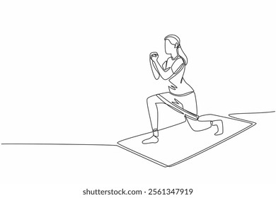 Continuous one line drawing a woman exercising on a training mat doing movements with a resistance band on her thighs. Light steps. Love Your Thighs Day. Single line draw design vector illustration