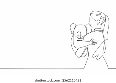 Continuous one line drawing a woman in casual clothes is holding a koala. Cute and adorable tame animals. Capture holiday moments. Hug an Australian Day. Single line draw design vector illustration