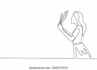 Continuous one line drawing a woman smells the lavender flower she is holding. The scent is soft and very calming. Freshness. National Sense Of Smell Day. Single line draw design vector illustration