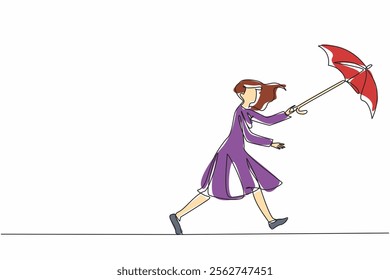 Continuous one line drawing a woman runs after a flying umbrella. The strong gusts of wind can blow anything away. Extreme weather. National Big Wind Day. Single line draw design vector illustration