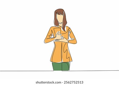 Continuous one line drawing a woman in casual clothes makes a hand gesture. A help gesture in sign language. Code. National American Sign Language Day. Single line draw design vector illustration