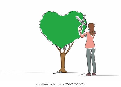 Continuous one line drawing woman cuts plant and shapes it into heart shape. Unique hobby of caring for plants and with full heart. National Gardening Day. Single line draw design vector illustration