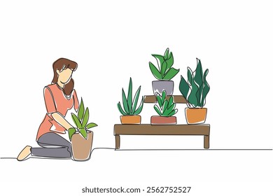 Continuous one line drawing a woman in casual clothes sits on the floor while planting plants in pots. Moving from polybags to pots. National Gardening Day. Single line draw design vector illustration