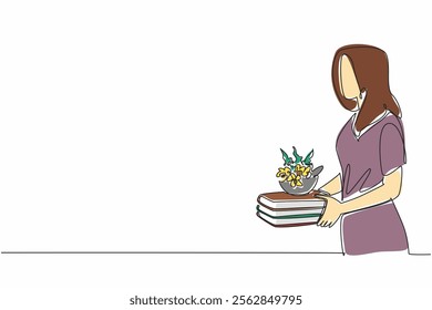 Continuous one line drawing woman in casual clothes carrying a pile of old books and herbalist bowl. Herbal concoction recipe. Healthy. Herbalist Day. Single line draw design vector illustration