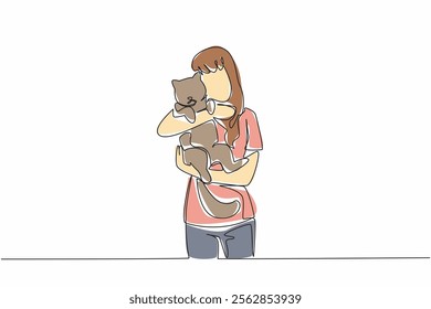 Continuous one line drawing woman hugging and carrying her cat. Relieves fatigue. Play with the favorite cat. Adorable cat behavior. National Cat Lady Day. Single line draw design vector illustration