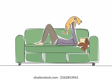 Continuous one line drawing a woman lying on the sofa while holding a cat. Cat friendship with humans. Very adorable behavior. Cute. National Cat Lady Day. Single line draw design vector illustration