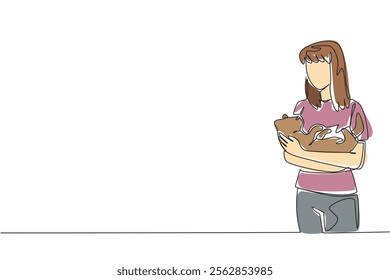 Continuous one line drawing a woman holding a cat with both hands. Pet gently. Cradling with affection. Show affection to pets. Cute. National Cat Lady Day. Single line draw design vector illustration