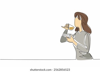 Continuous one line drawing a woman holding a transparent glass cup filled with tea and its saucer. Sipping tea with pleasure. Delicious. National Tea Day. Single line draw design vector illustration