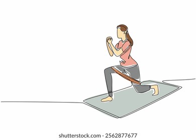 Continuous one line drawing a woman exercising on a training mat doing movements with a resistance band on her thighs. Light steps. Love Your Thighs Day. Single line draw design vector illustration