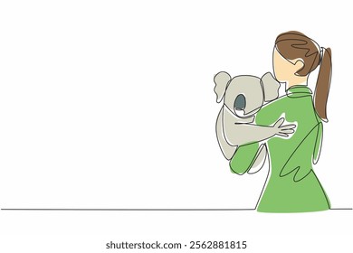 Continuous one line drawing a woman in casual clothes is holding a koala. Cute and adorable tame animals. Capture holiday moments. Hug an Australian Day. Single line draw design vector illustration