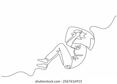 Continuous one line drawing woman lying curled up on the bed with head covered by pillow. Stress. Want to scream out loud. National Anxiety Screening Day. Single line draw design vector illustration