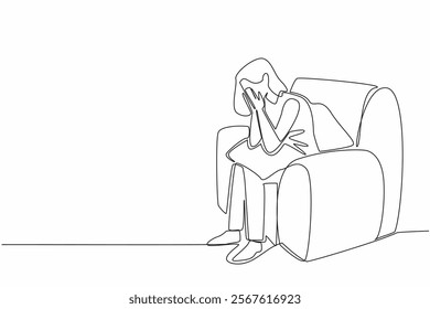 Continuous one line drawing woman sitting on a single sofa covering face with both palms. Receiving bad treatment. Stress. National Anxiety Screening Day. Single line draw design vector illustration