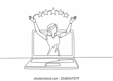 Continuous one line drawing a woman raised her hands and above them were 5 stars. Satisfactory grades make reputation rise. Excellent. Write a Review Day. Single line draw design vector illustration