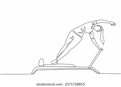 Continuous one line drawing woman posing on fitness equipment. Balance movement. Training leg and thigh muscles. Sweating on the weekend. Pilates Day. Single line draw design vector illustration